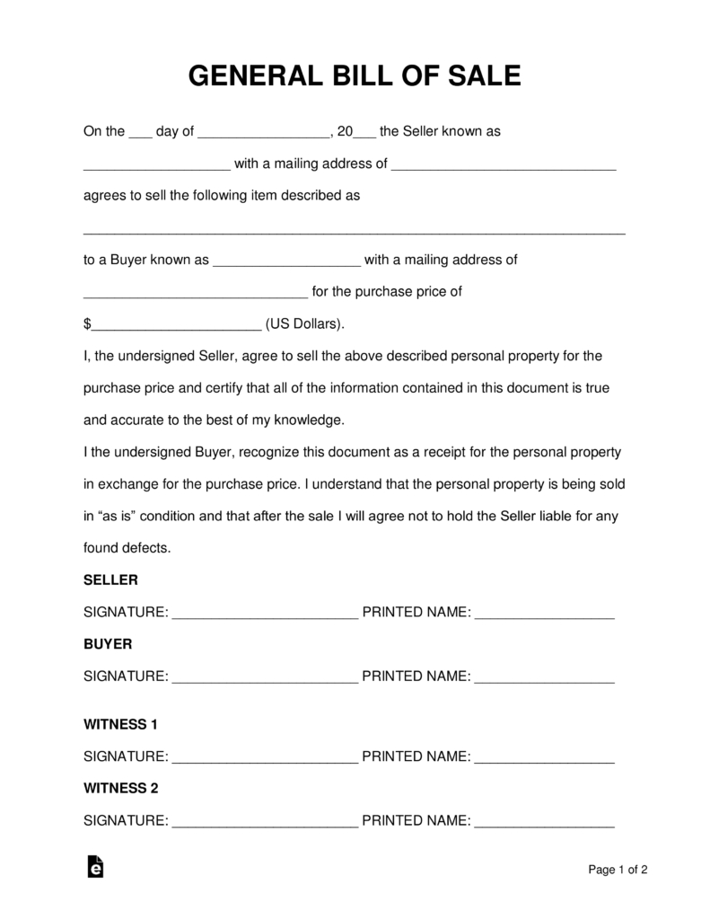 Free General Personal Property Bill Of Sale Form Word Pdf Free Printable Generic Bill Of 5264