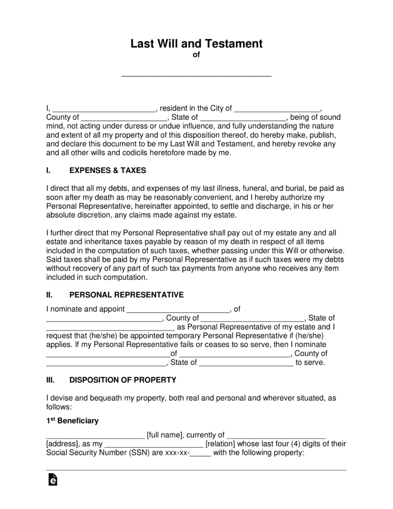 Free Last Will And Testament Templates - A “Will” - Pdf | Word - Free Online Printable Living Wills