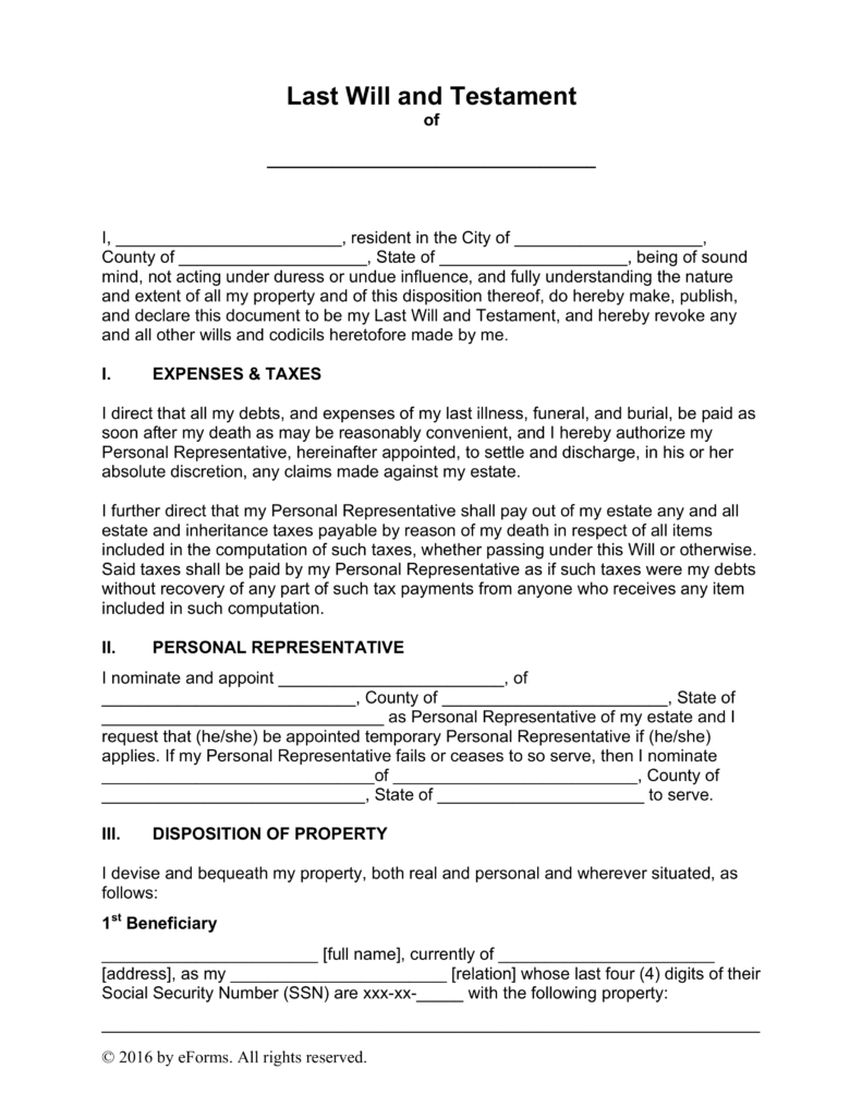 Free Last Will And Testament Templates - A “Will” - Pdf | Word - Free Printable Last Will And Testament Forms