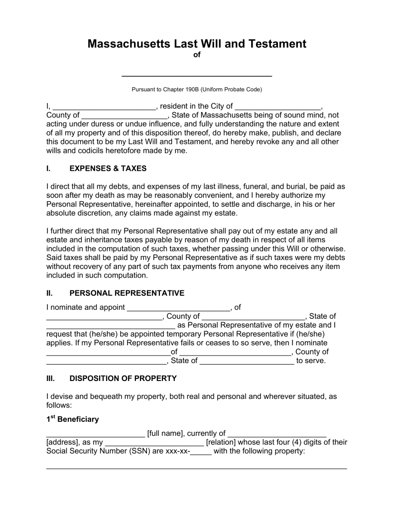 Free Massachusetts Last Will And Testament Template - Pdf | Word - Free Printable Florida Last Will And Testament Form