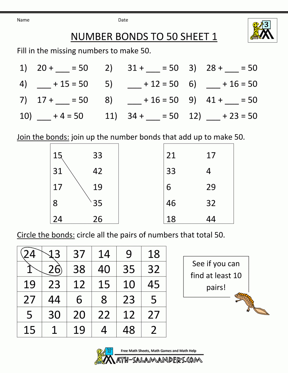 Free Math Worksheets Number Bonds To 50 1 | New | Kids Math - Free Printable Number Bonds Worksheets For Kindergarten