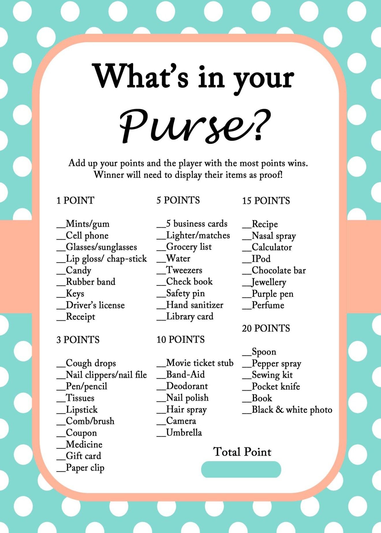 Free Mint Bridal Shower Game Printables | Nicolle | Mint Bridal - Free Printable Baby Shower Game What&amp;#039;s In Your Purse