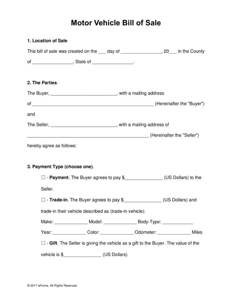 Free Motor Vehicle (Dmv) Bill Of Sale Form - Word | Pdf | Eforms - Free Printable Bill Of Sale For Car