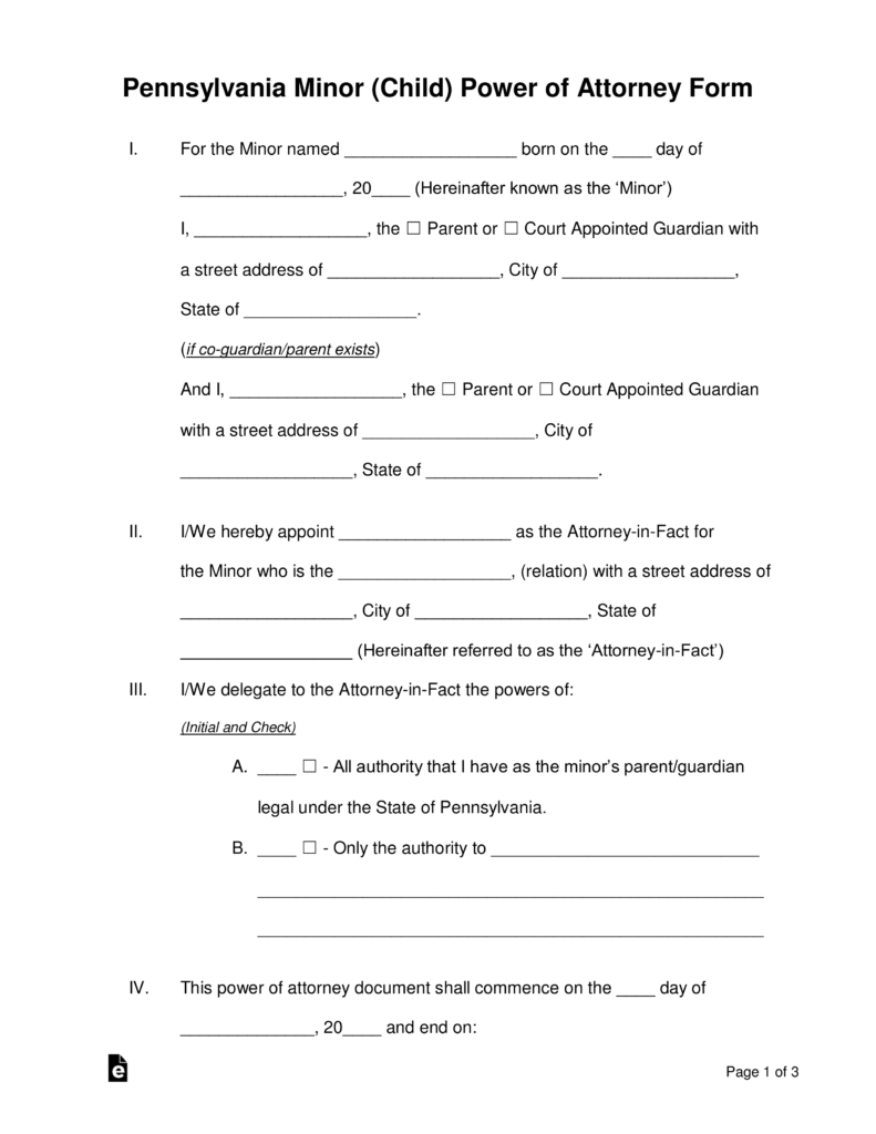 Free Pennsylvania Guardian Of Minor Power Of Attorney Form - Word - Free Printable Child Guardianship Forms