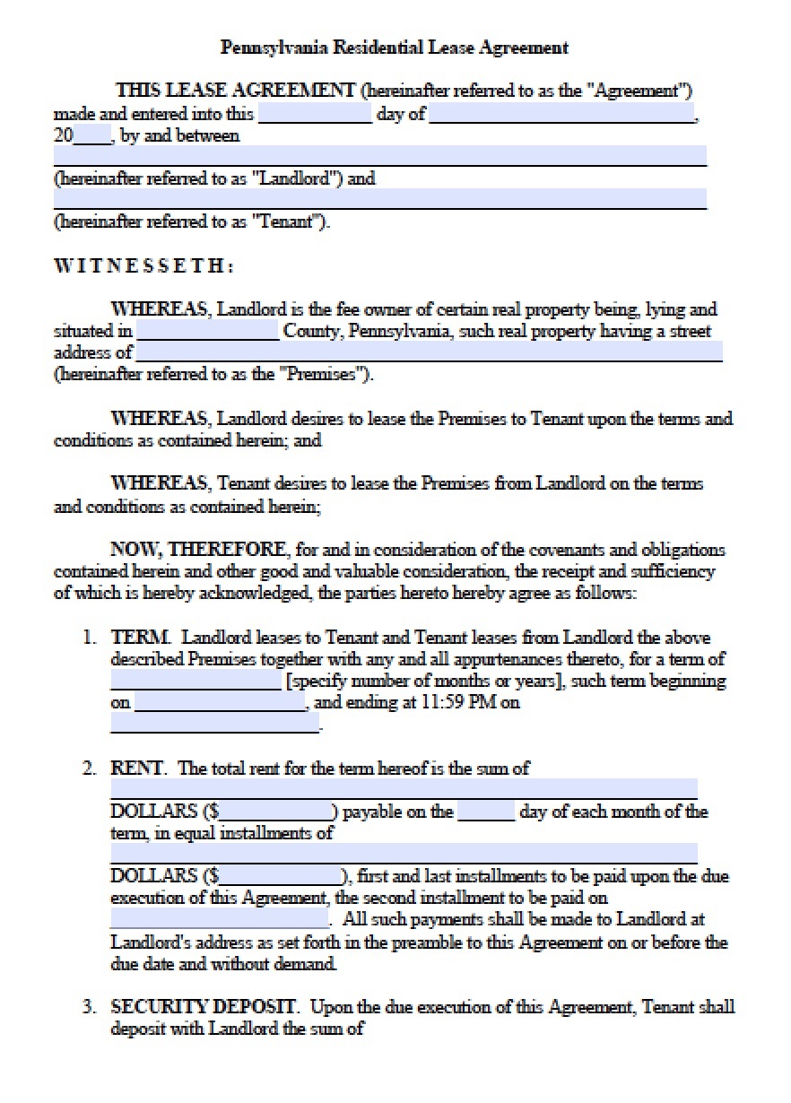 Free Pennsylvania Standard Residential Lease Agreement Template - Free Printable Lease Agreement Pa