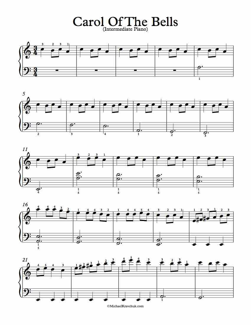 Free Piano Arrangement Sheet Music – Carol Of The Bells – Michael - Free Printable Piano Pieces