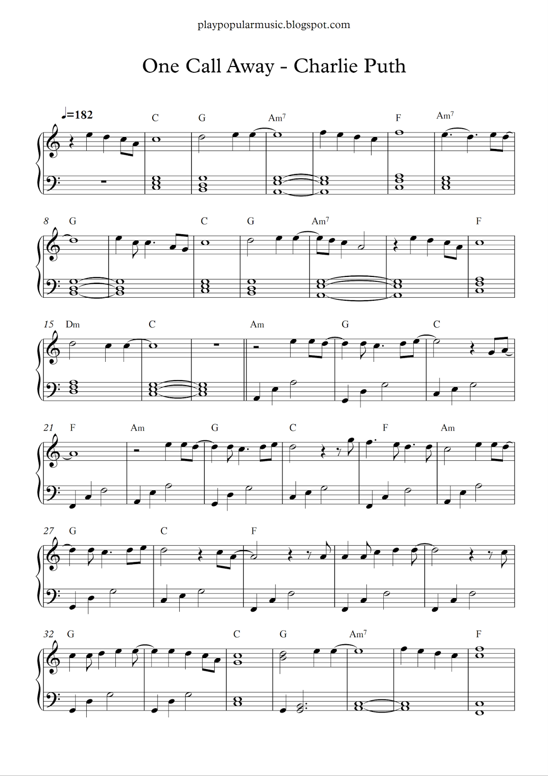 Free Piano Sheet Music: One Call Away - Charlie Puth.pdf I&amp;#039;m Only - Free Printable Music Sheets Pdf