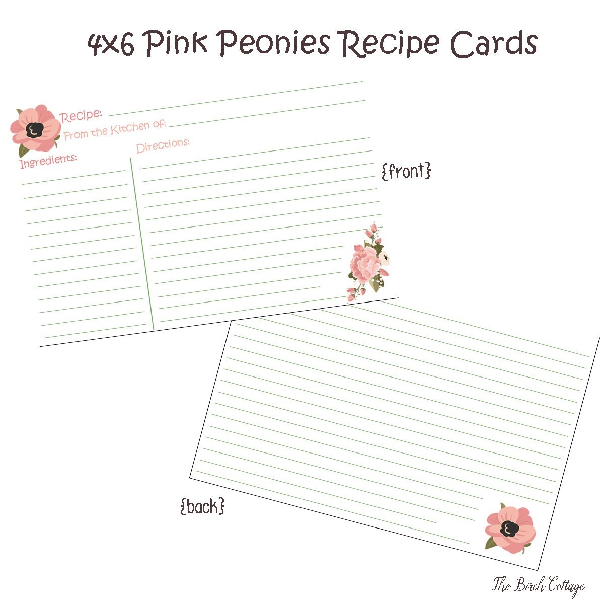 Free Printable 4X6 Pink Peonies Recipe Cards From The Birch Cottage - Free Printable Photo Cards 4X6