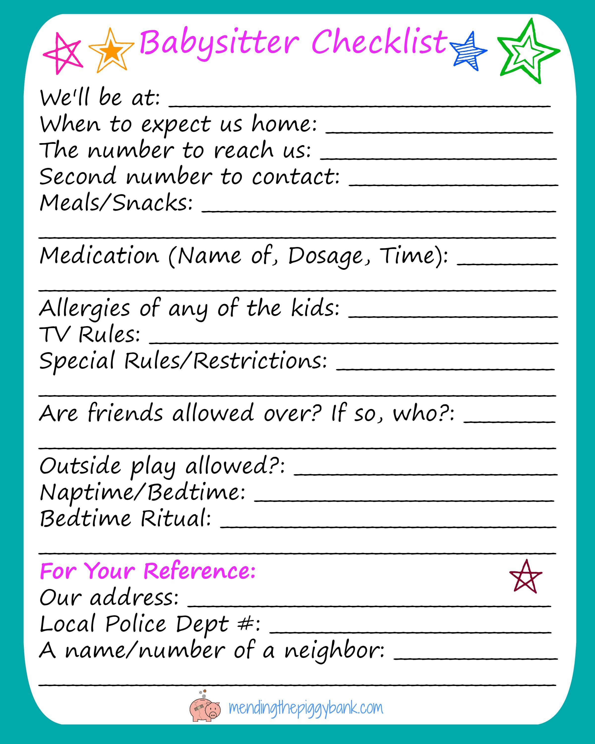 Free Printable Babysitter Checklist Babysitting Babys Babysitter Notes Free Printable