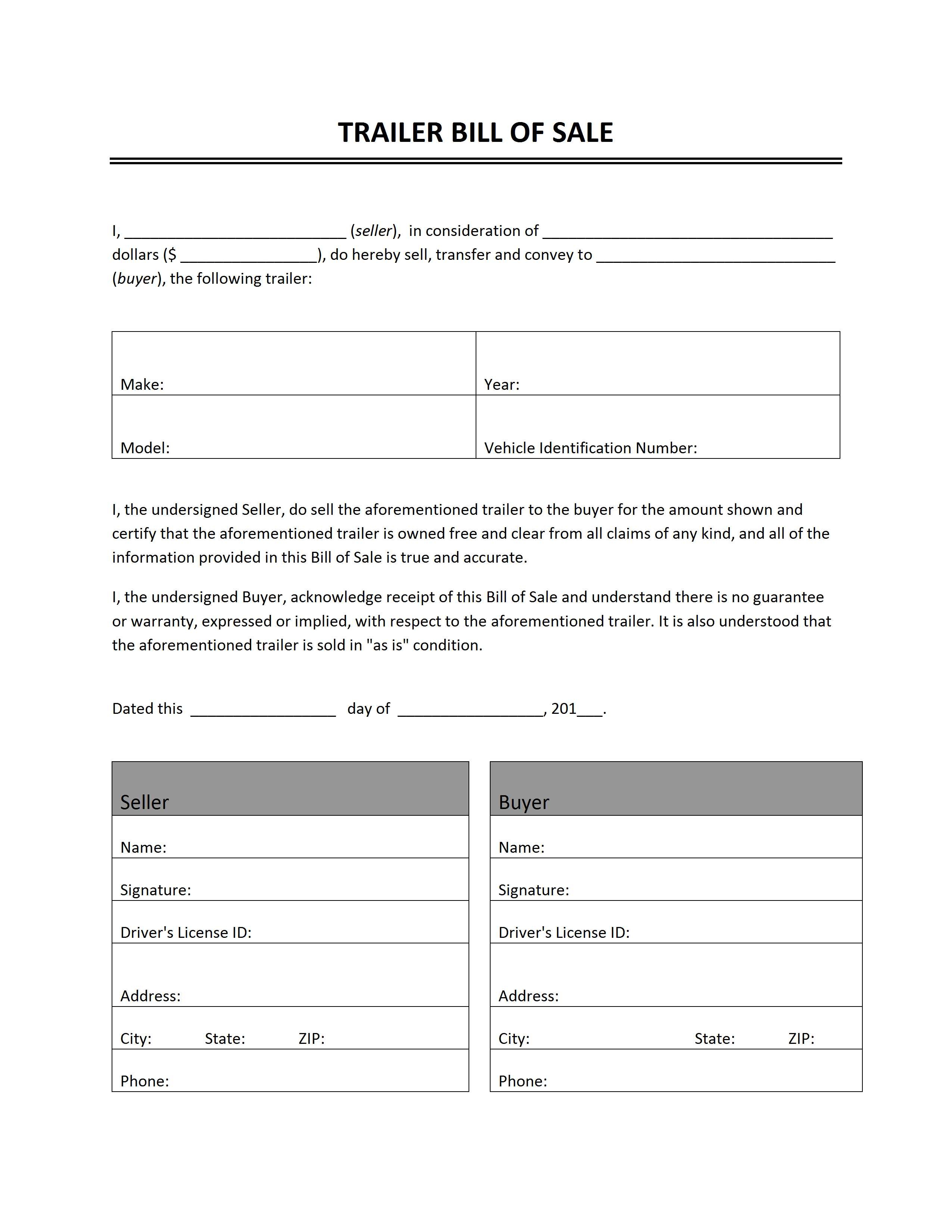 Free Printable Bill Of Sale Camper Form (Generic) - Free Printable Generic Bill Of Sale