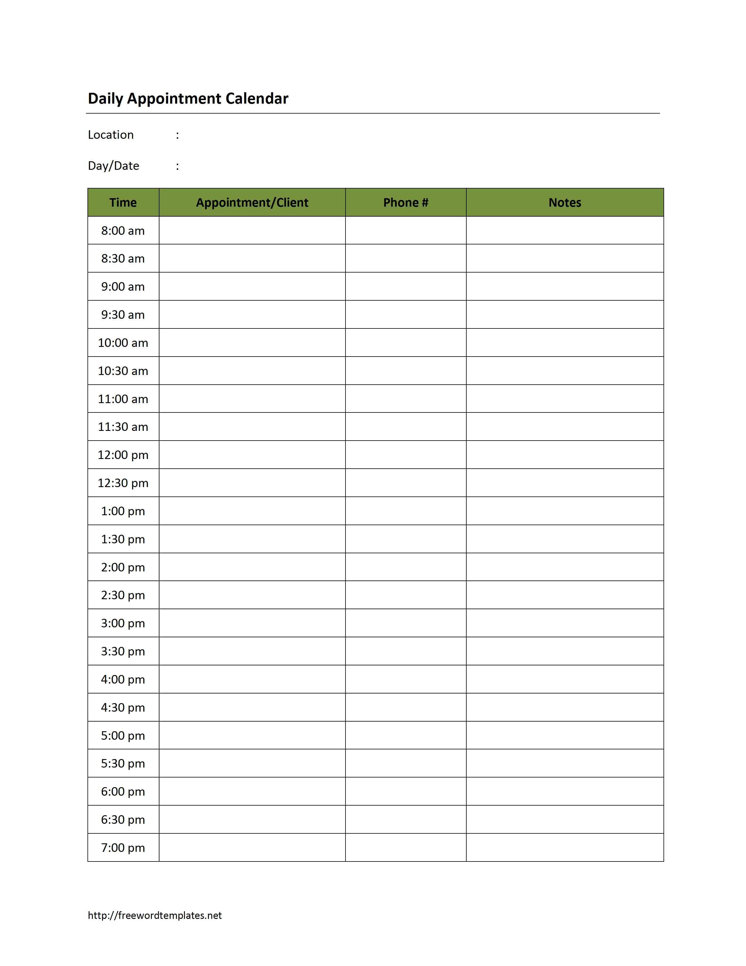 Free Printable Blank Daily Calendar | 181D Daily Appointment - Free Printable Appointment Sheets