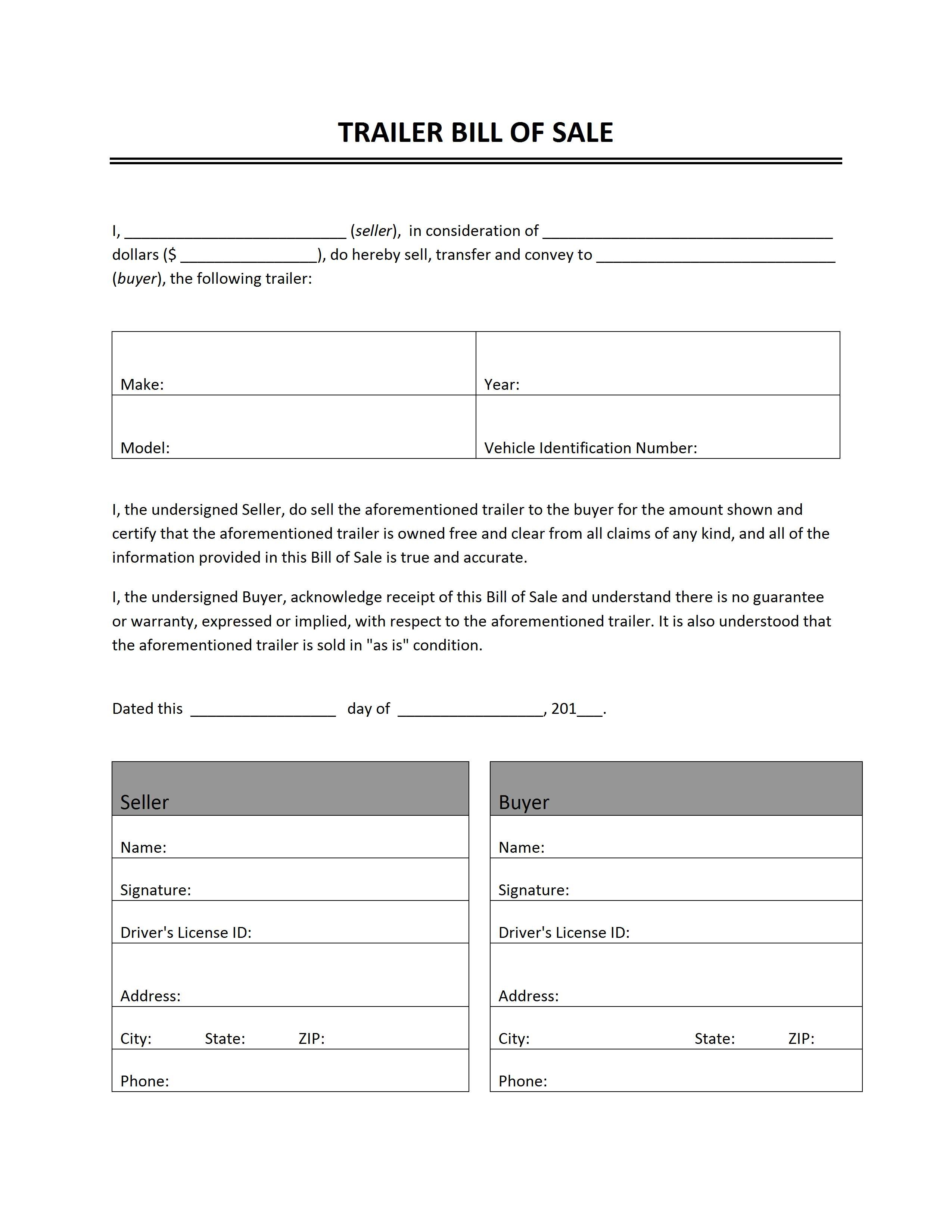 Free Printable Camper Bill Of Sale Form Free Form (Generic) - Free Printable Legal Documents