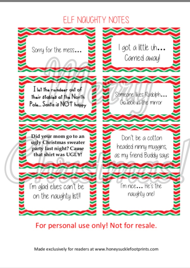 Free Printable - Elf On The Shelf Naughty Cards - Honeysuckle Footprints - Free Printable Elf On The Shelf Notes