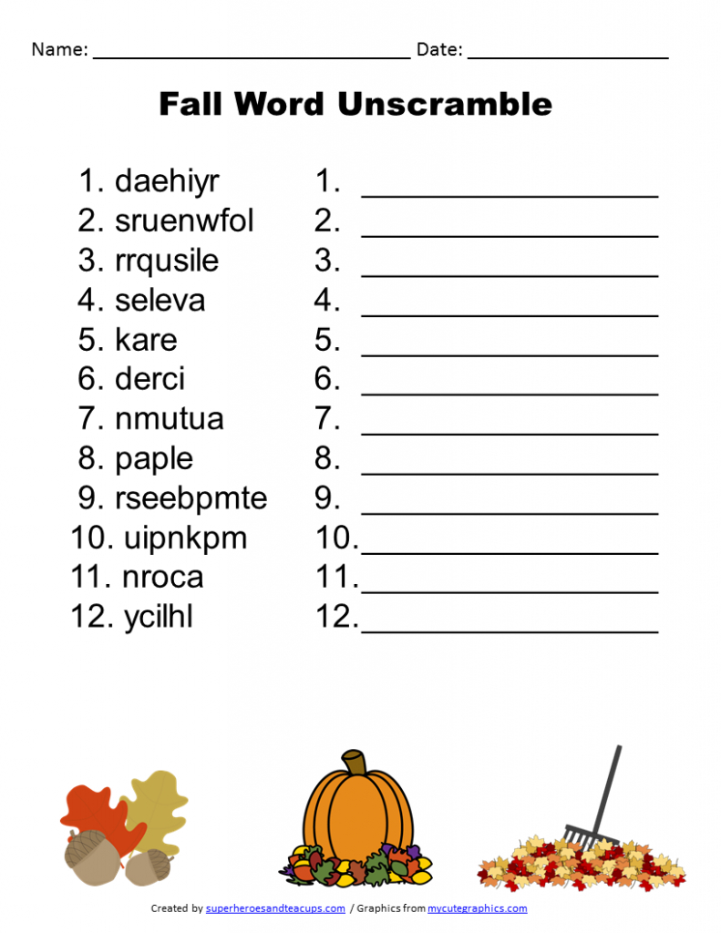 Free Printable - Fall Word Unscramble | Games For Senior Adults - Unscramble Word Games Printable Free