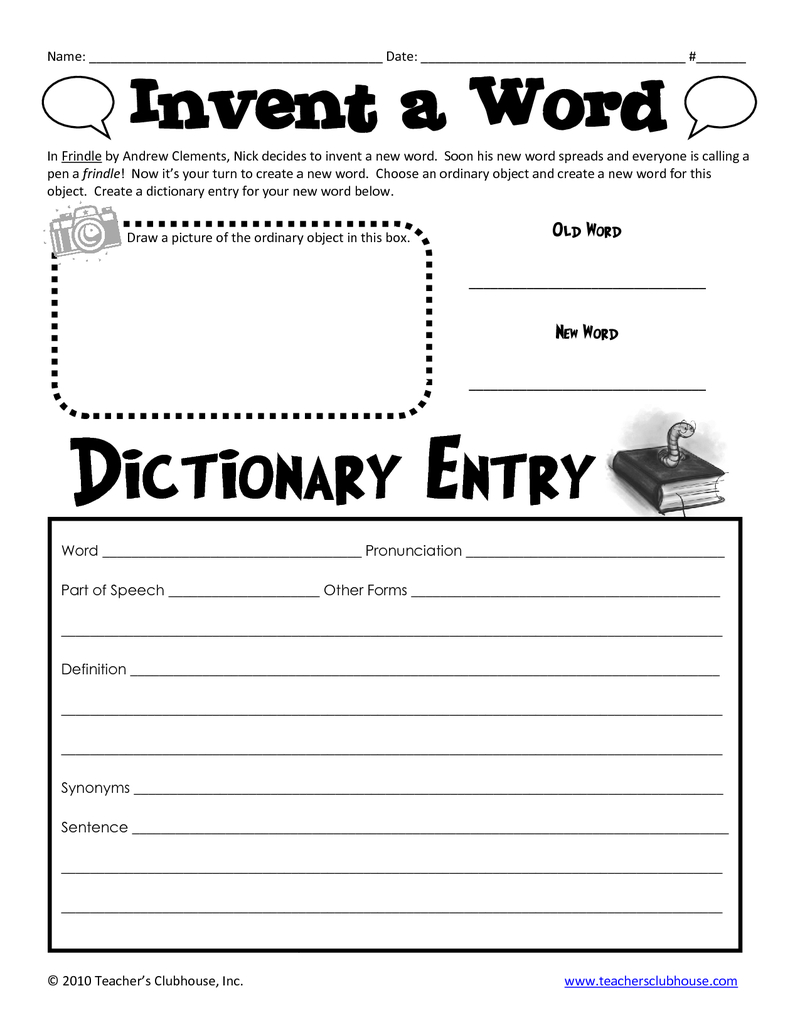 Free Printable - Frindle Invent A Word | Great Books For 4Th Graders - Free Printable Stories For 4Th Graders