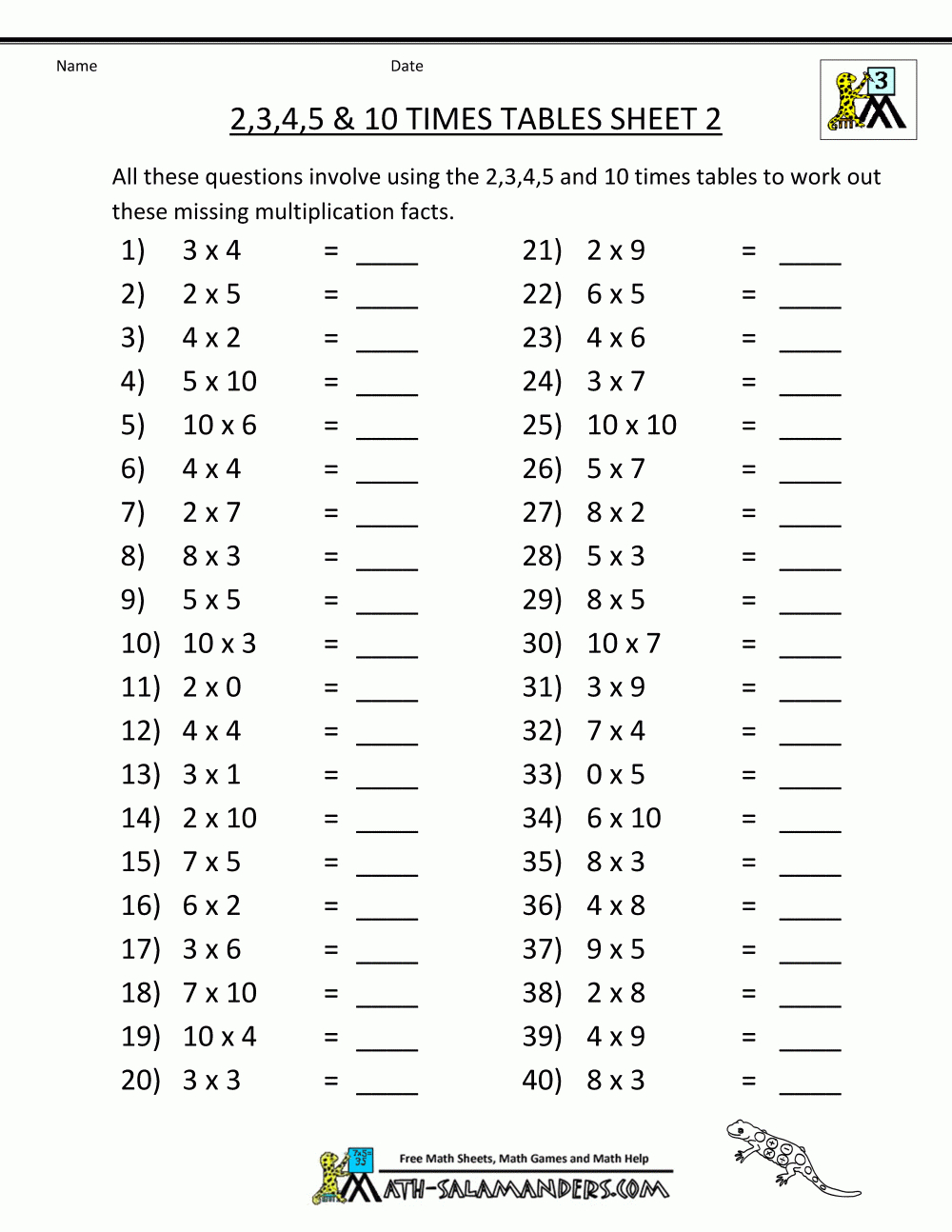 Free Printable Math Sheets Multiplication 2 3 4 5 10 Times Tables 2 - Free Printable Multiplication Sheets