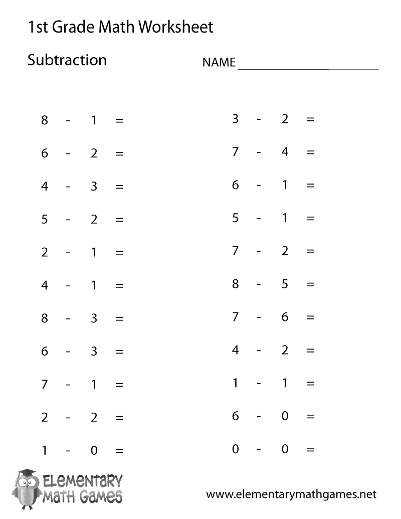 Free Printable Subtraction Worksheet For First Grade - Free Printable First Grade Worksheets