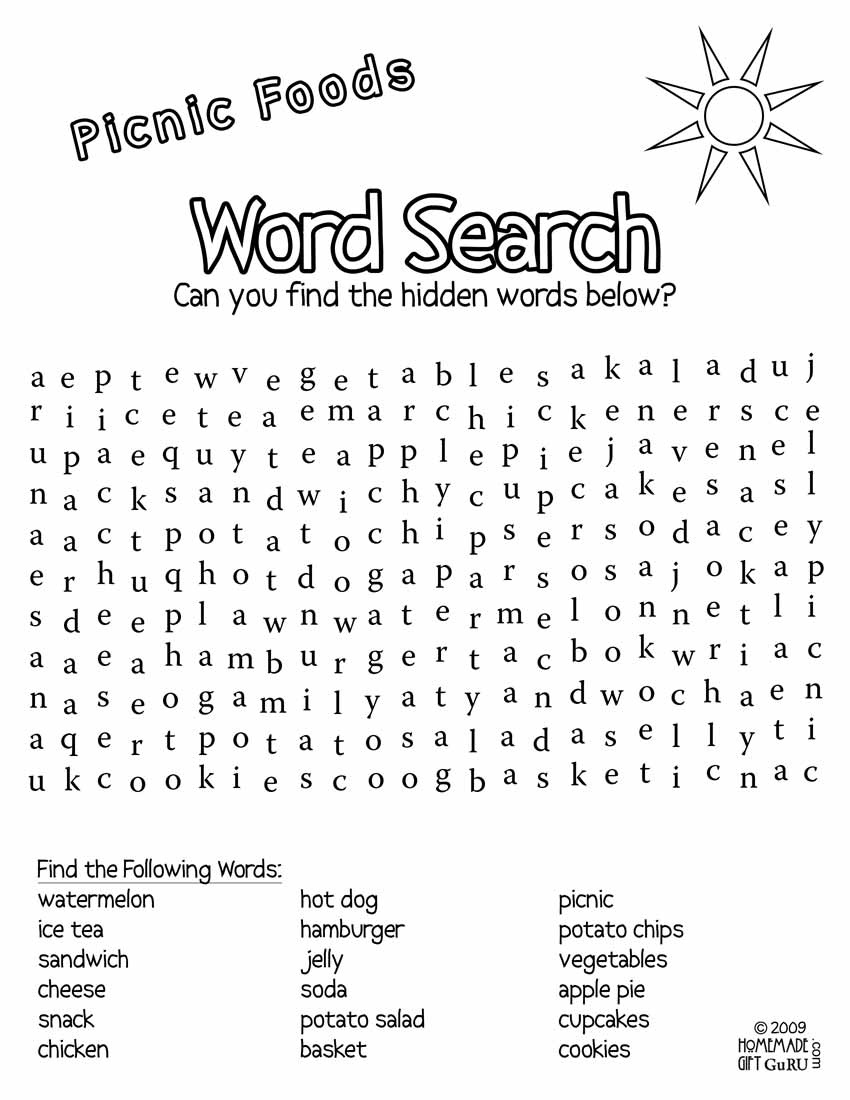 Free Printable Word Search: Picnic Foods - Free Printable Word Searches For Adults