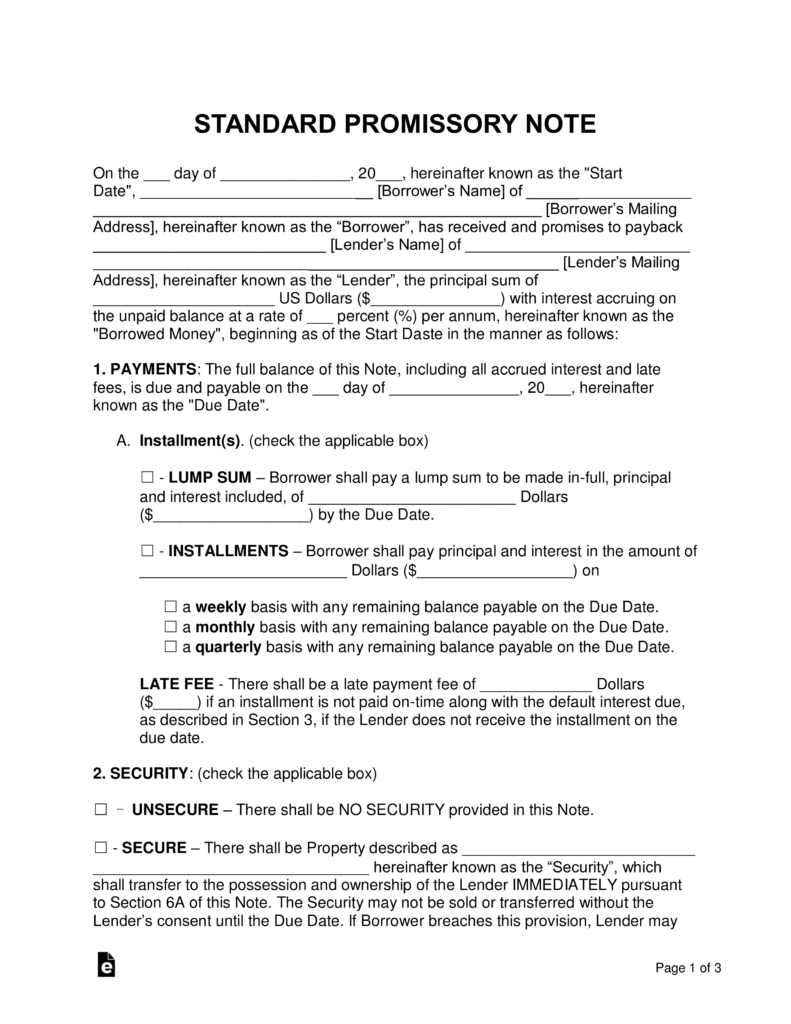 Free Promissory Note Templates - Pdf | Word | Eforms – Free Fillable - Free Printable Loan Forms