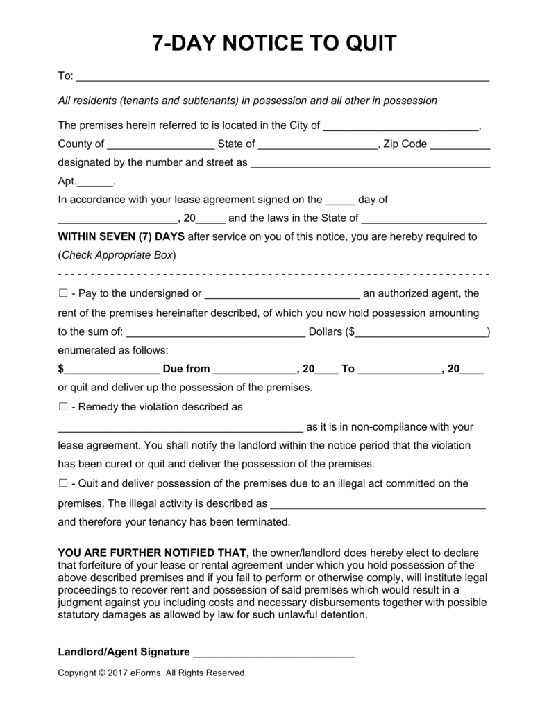 Free Seven (7) Day Eviction Notice Template - Pdf | Word | Eforms - Free Printable 3 Day Eviction Notice
