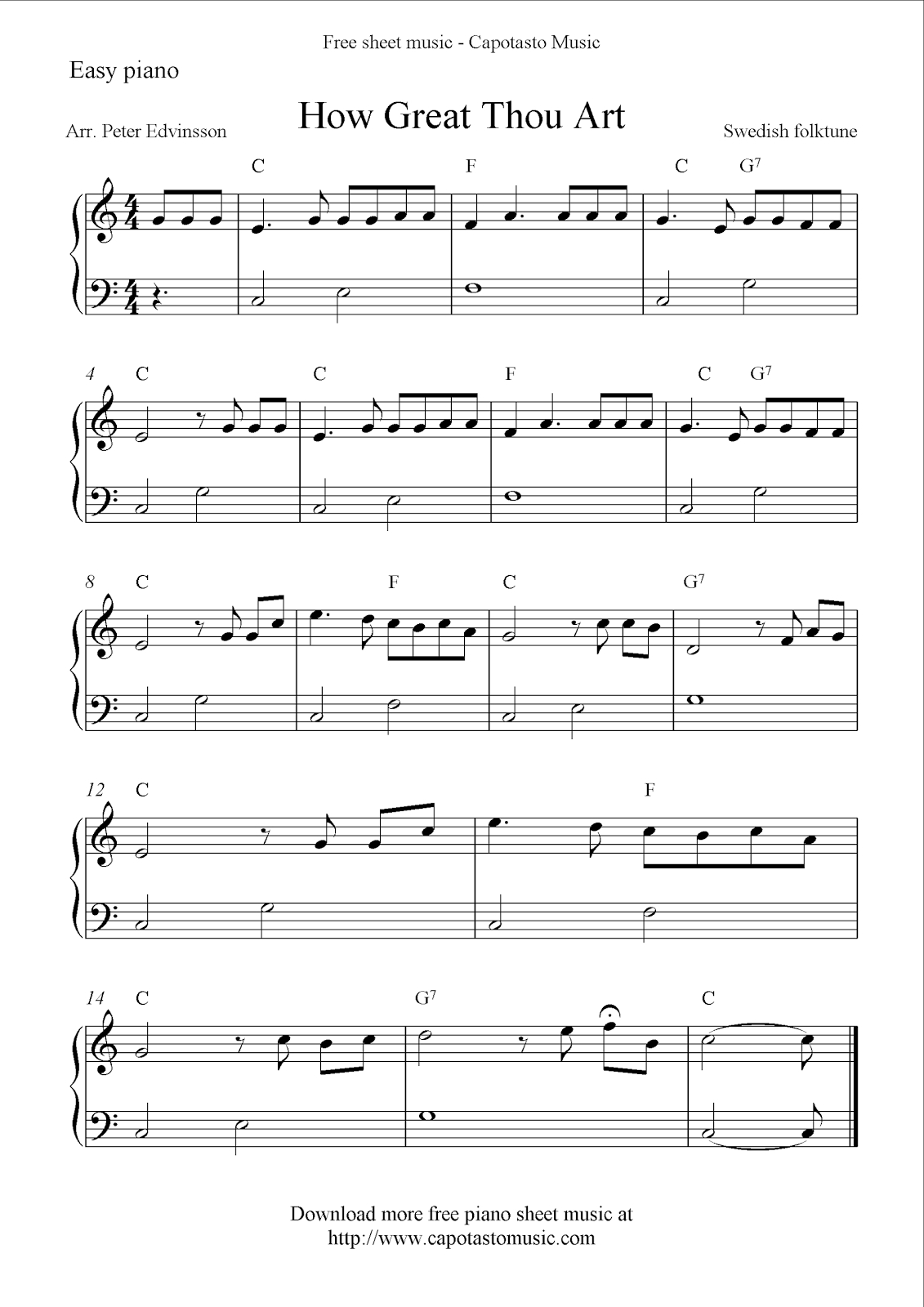 Free Sheet Music Scores: Free Easy Piano Sheet Music, How Great Thou - Free Printable Piano Pieces
