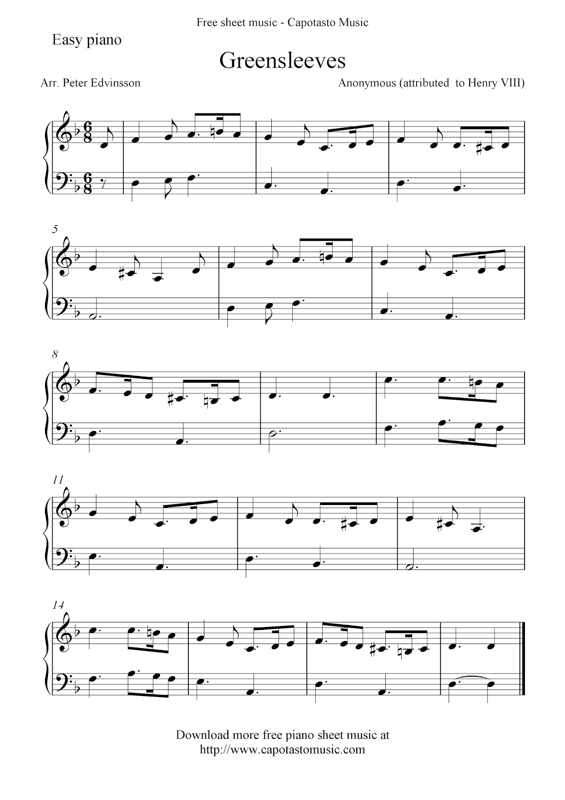 Free Sheet Music Scores: Free Piano Sheet Music Notes, Greensleeves - Free Printable Sheet Music For Piano