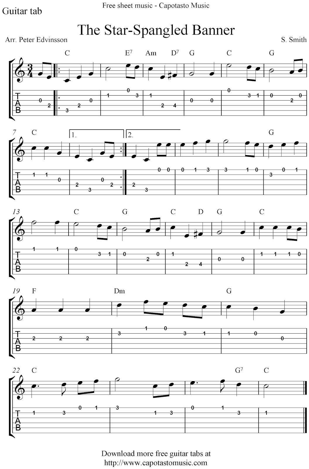 Free Sheet Music Scores: The Star-Spangled Banner, Free Guitar - Free Printable Guitar Music