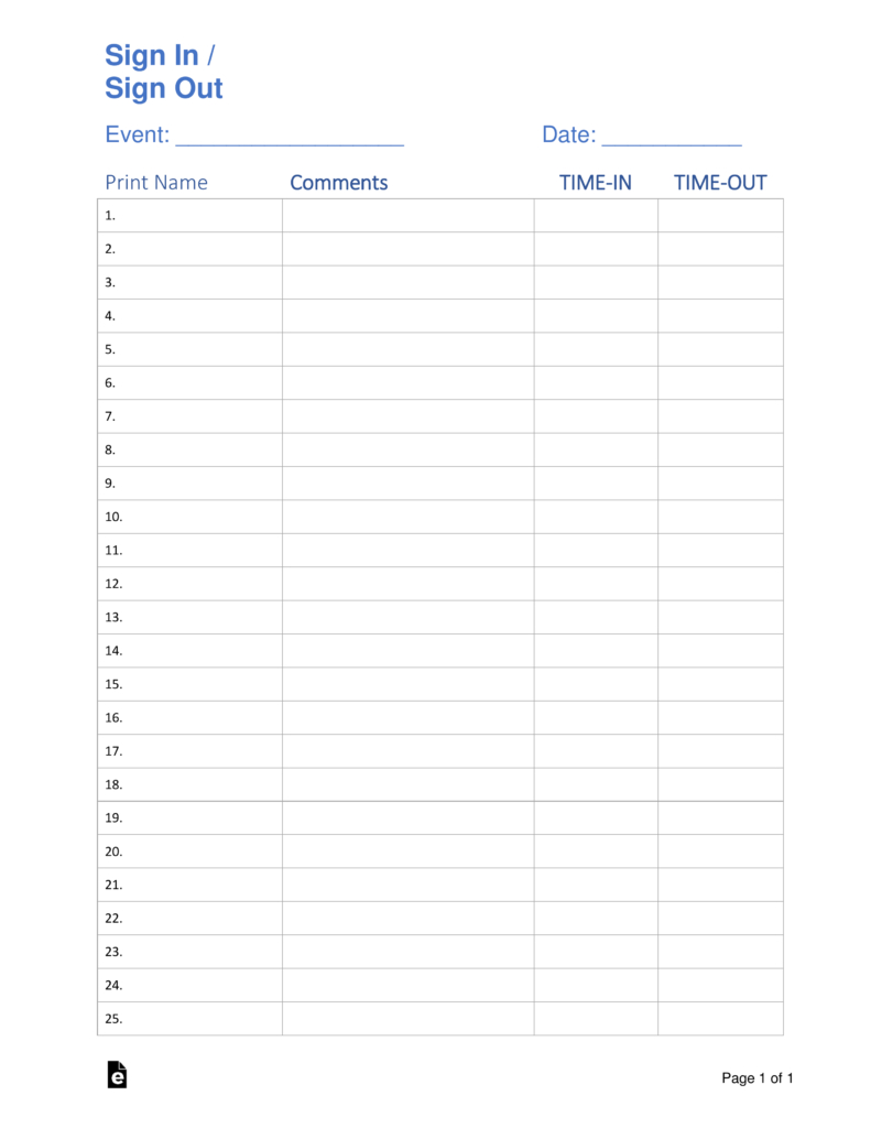 Free Sign In / Sign Up Sheet Templates - Pdf | Word | Eforms – Free - Free Printable Sign In Sheet Template