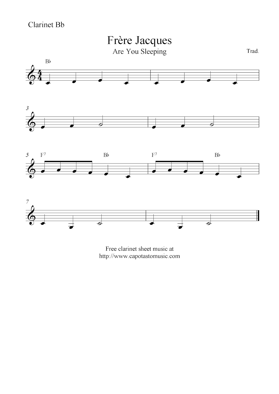 Frère Jacques (Are You Sleeping), Free Easy Clarinet Sheet Music Notes - Free Sheet Music For Clarinet Printable