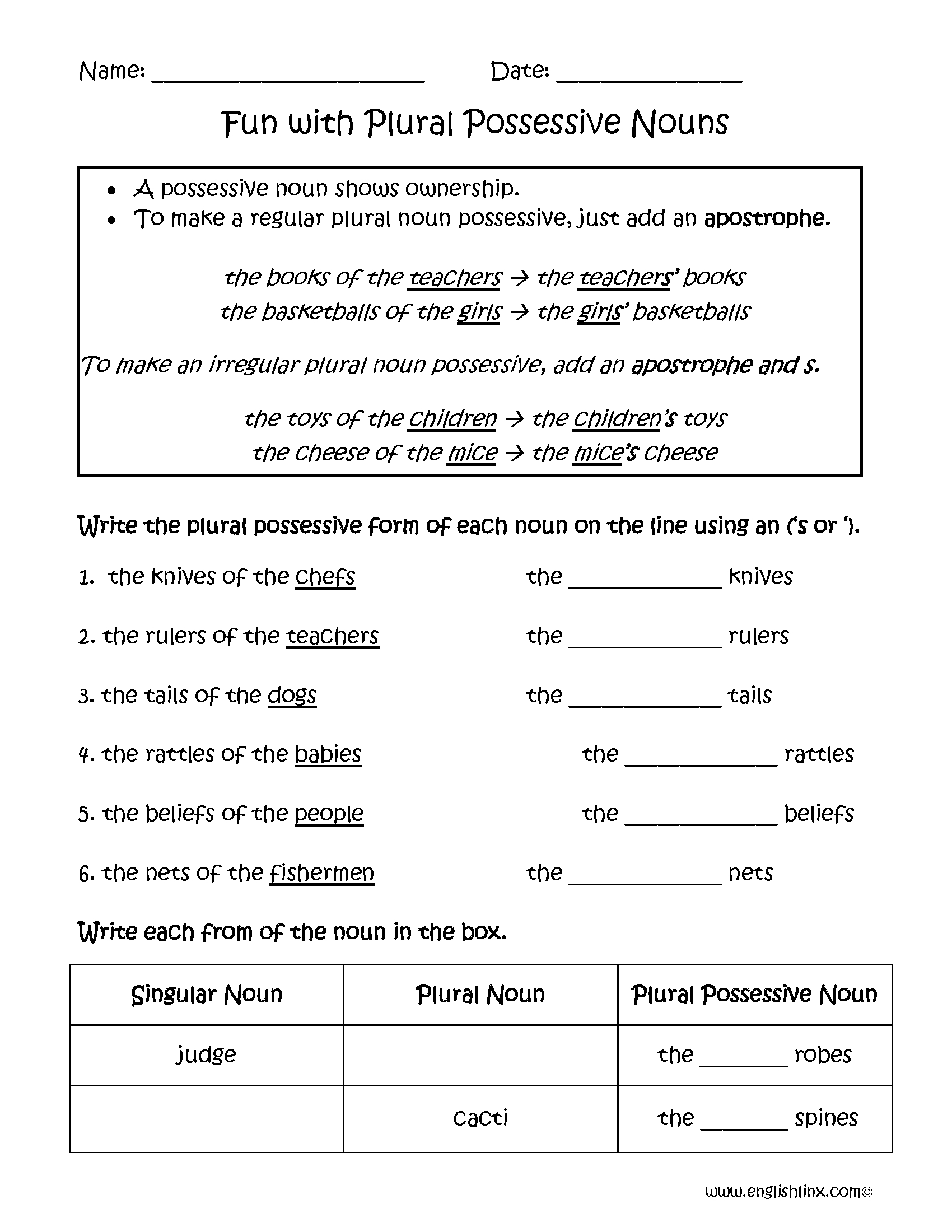 Possessive Nouns Fourth Grade Worksheets