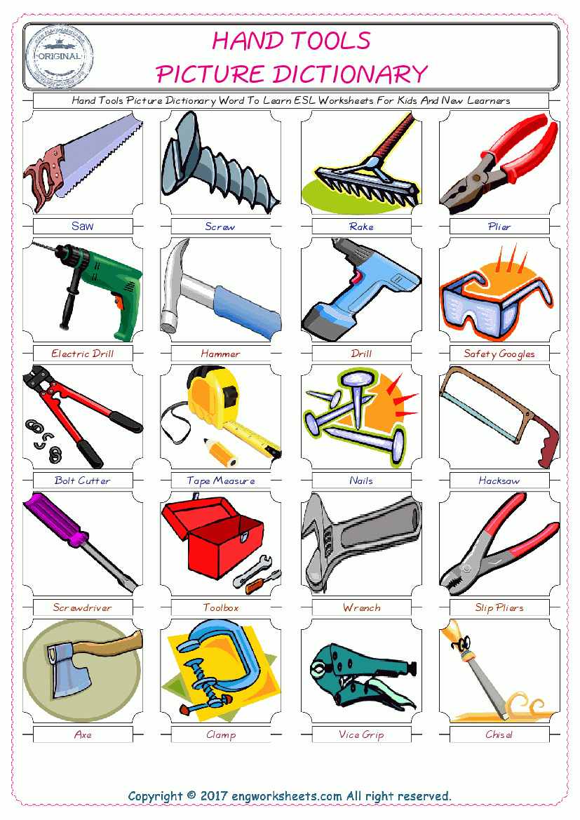 Hand Tools - Free Esl, Efl Worksheets Madeteachers For Teachers - Free Printable Picture Dictionary For Kids