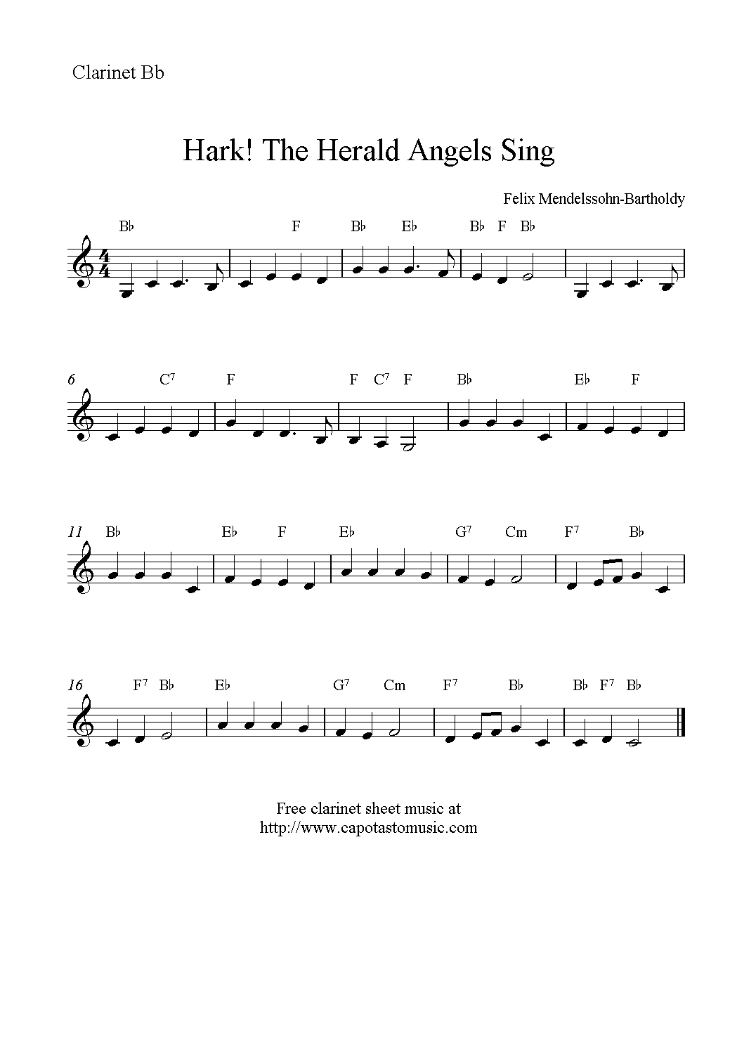 Hark! The Herald Angels Sing, Free Christmas Clarinet Sheet Music Notes - Free Printable Christmas Sheet Music For Clarinet