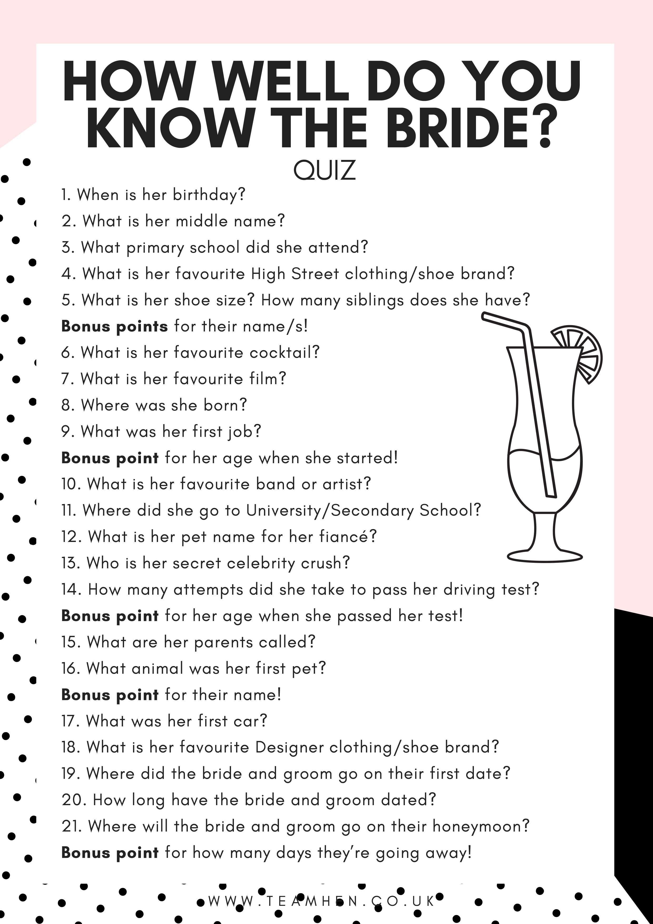 Hen Do Quiz In 2019 | Personal | Wedding Party Games, Hen Party - How Well Does The Bride Know The Groom Free Printable