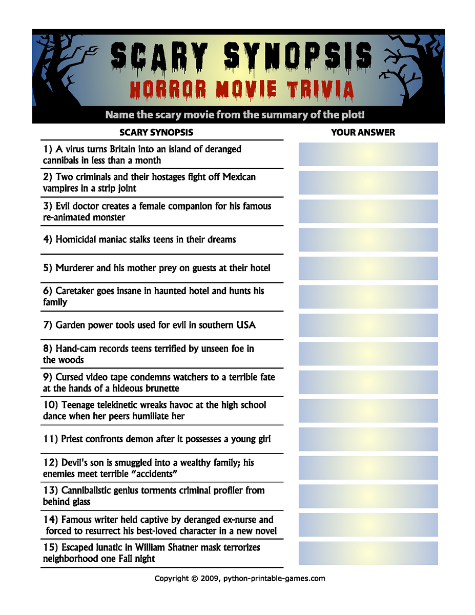 Horror Movie Trivia: Scary Synopsis | Halloween | Halloween Games - Free Printable Halloween Quiz