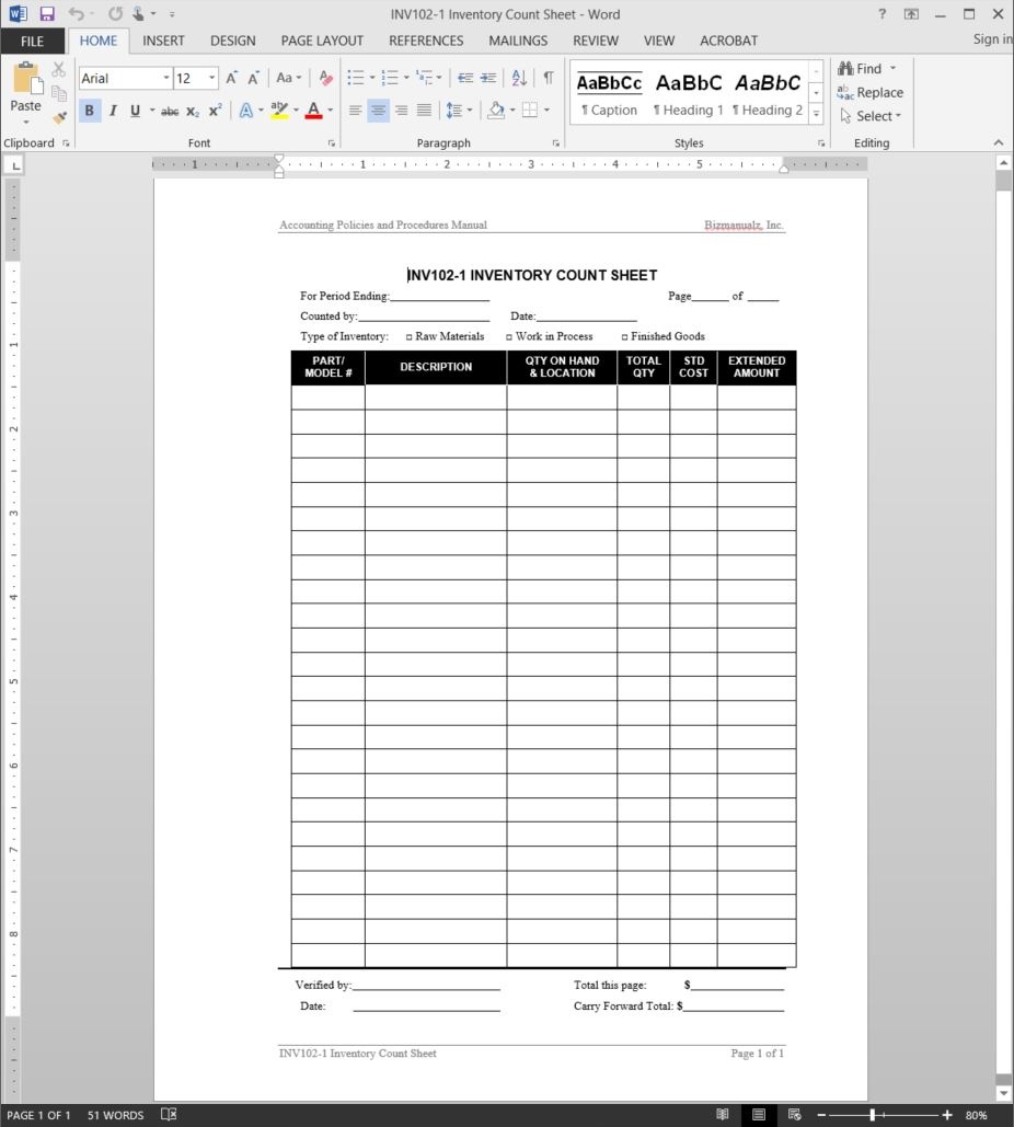 Inventory Count Worksheet Template - Free Printable Inventory Sheets