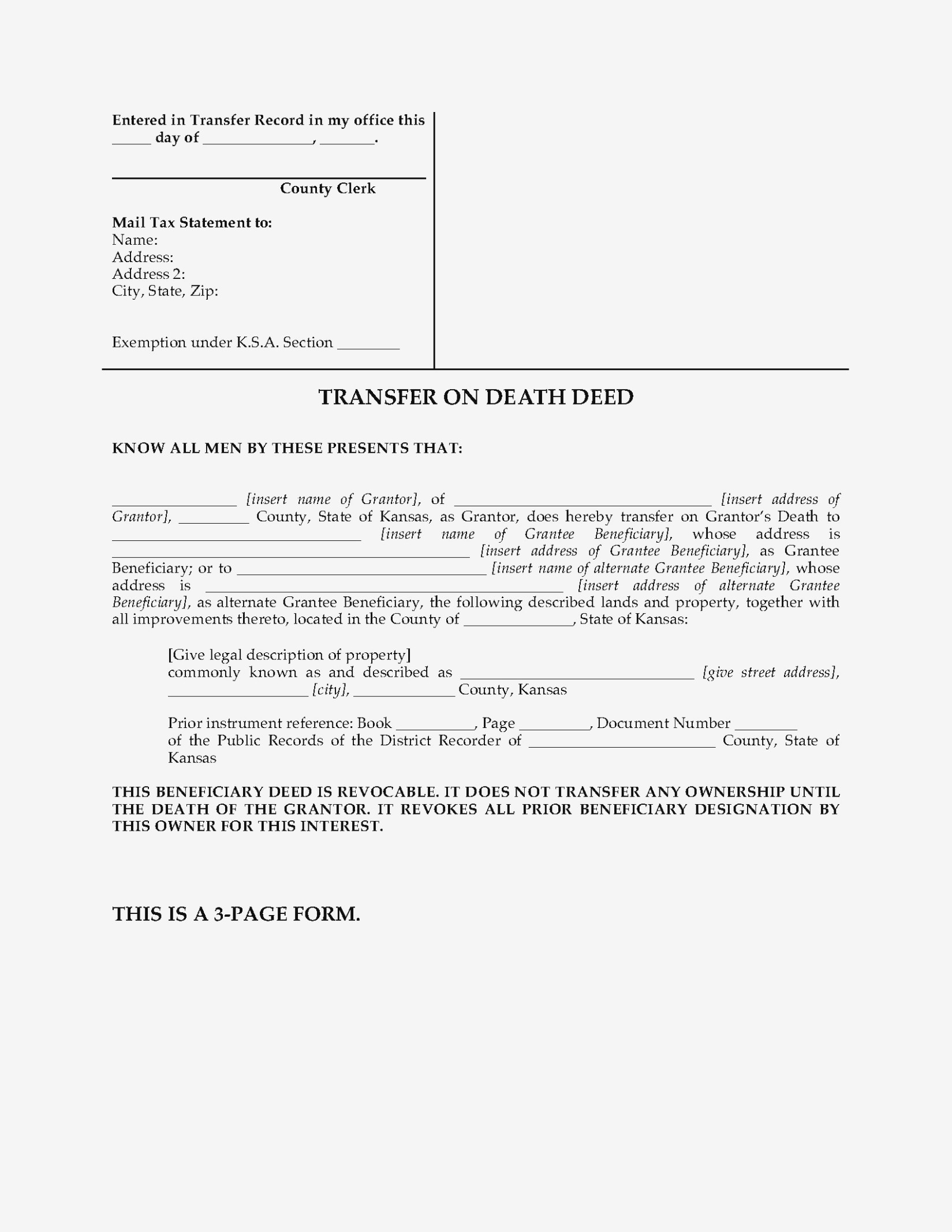 Kansas Transfer On Death Deed Forms | Legal Forms And Business - Free Printable Beneficiary Deed