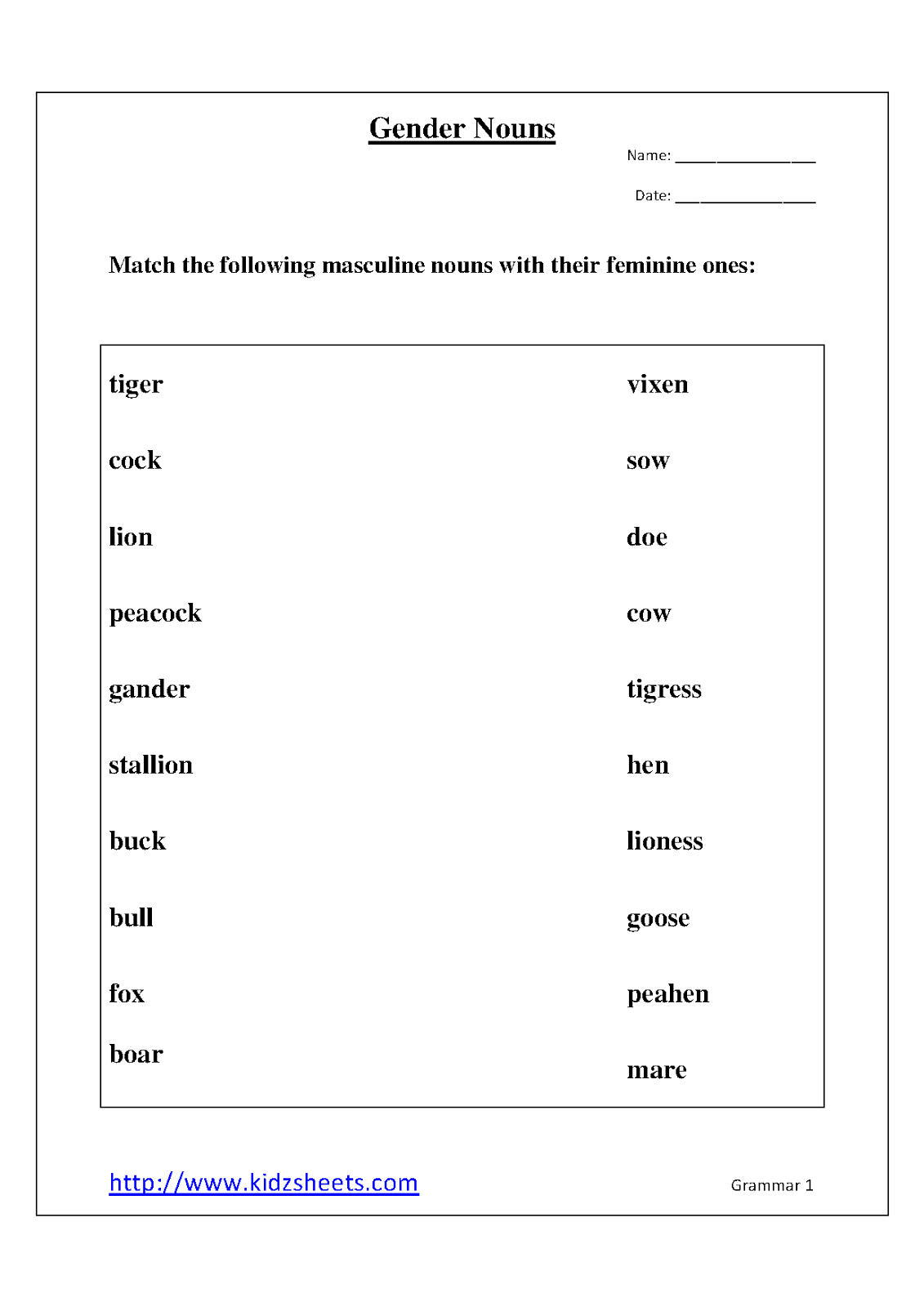 Kidz Worksheets: Gender Nouns Worksheet1 - Free Printable Grammar Worksheets For 2Nd Grade