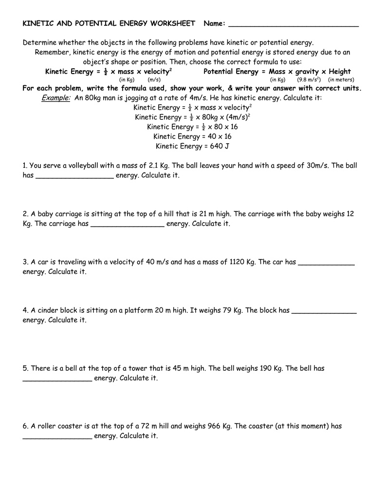 Kinetic And Potential Energy Worksheet Answers - Soccerphysicsonline - Free Printable Worksheets On Potential And Kinetic Energy