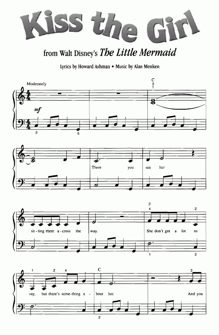Kiss The Girl The Little Mermaid Piano Sheet Music – Guitar Chords - Free Guitar Sheet Music For Popular Songs Printable