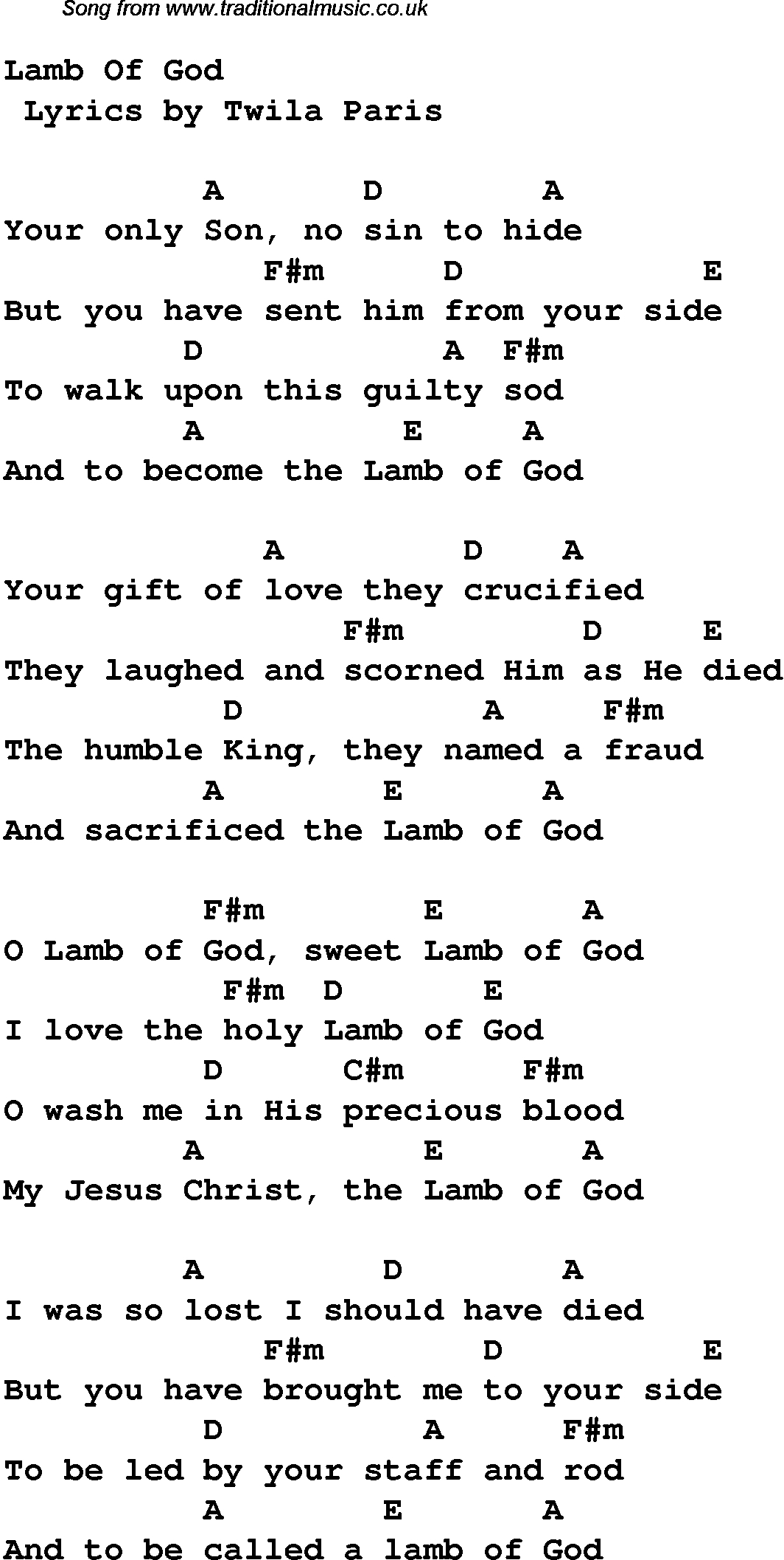Lamb Of God -- Twila Paris -- Words And Chords | Lyrics | Worship - Free Printable Lyrics To Christian Songs