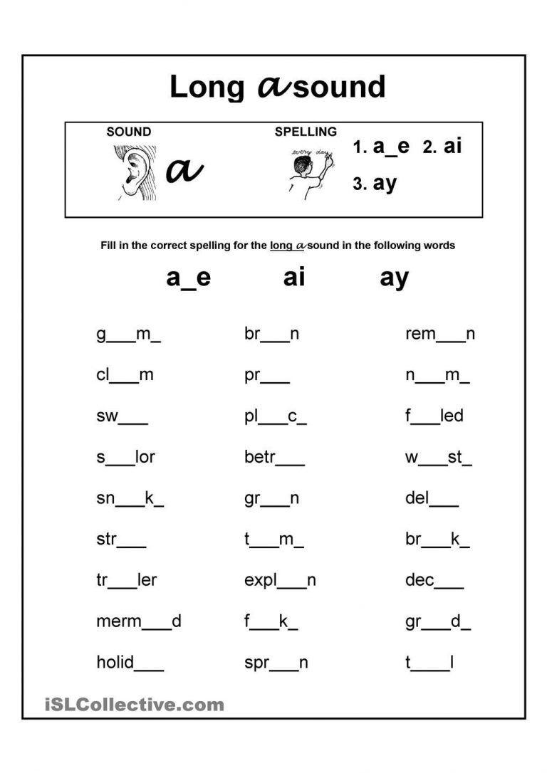 Long A Vowel Sound Worksheet Ae Ai And Ay Teaching Free