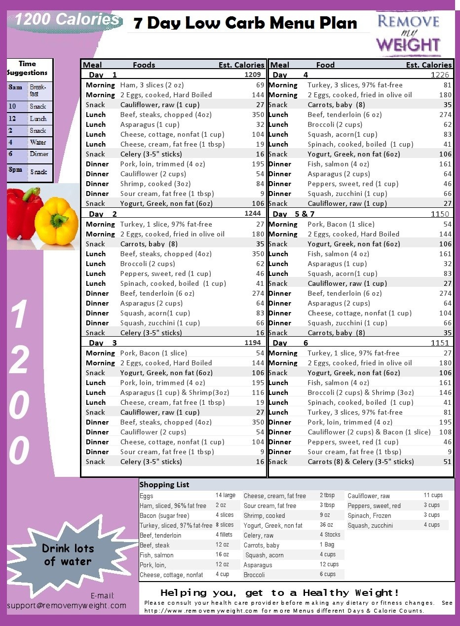 Low Carb Diet Menu Plan - Free Printable 7 Day 1200 Calories A Day - Free Printable 1200 Calorie Diet Menu