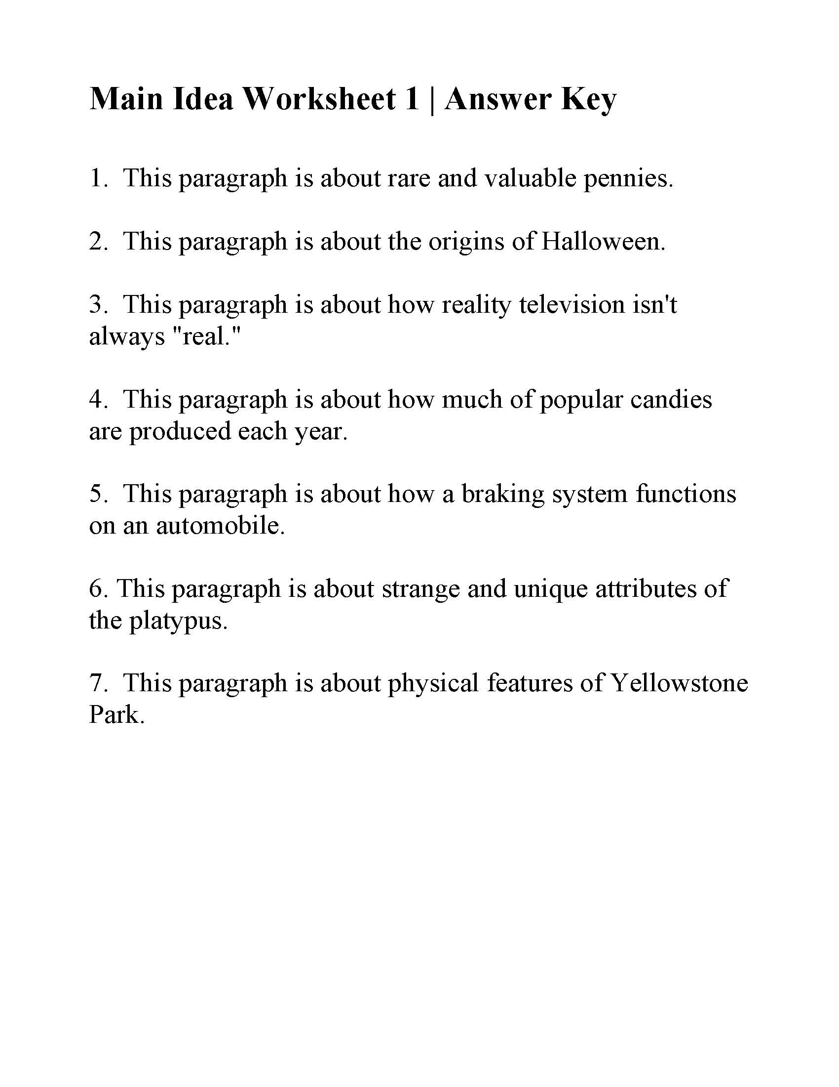 Main Idea Worksheet 1 | Answers - Free Printable Main Idea Worksheets