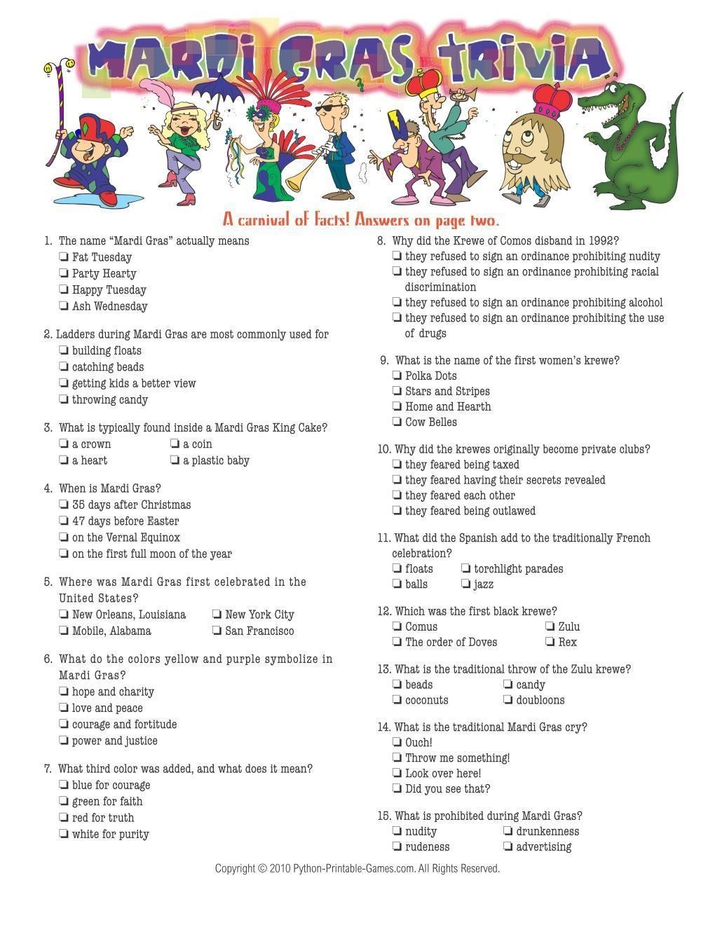 Mardi Gras: Trivia - Free Printable Mardi Gras Games