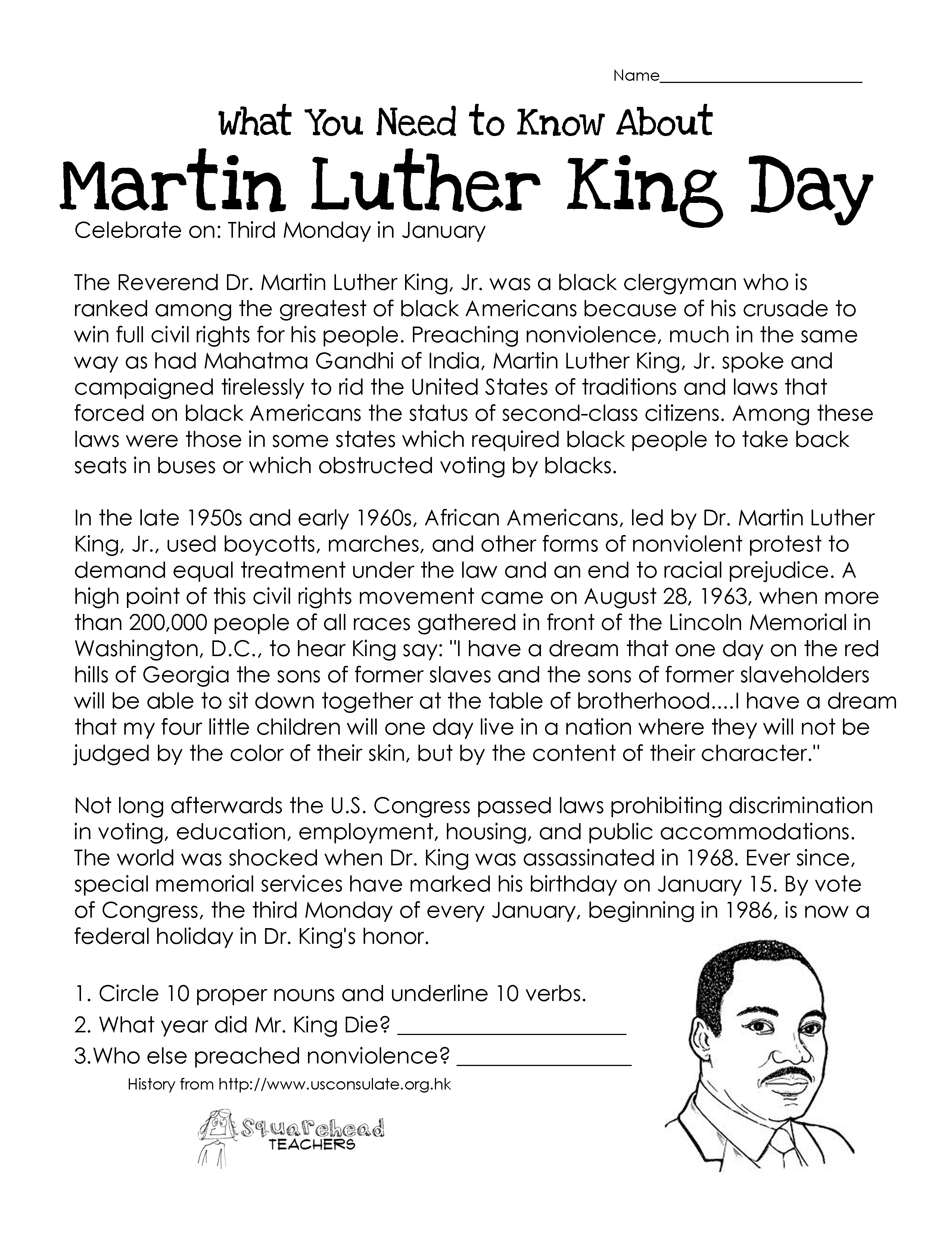 Martin Luther King Day (Free Worksheet) | Squarehead Teachers - Free Printable Martin Luther King Jr Worksheets For Kindergarten