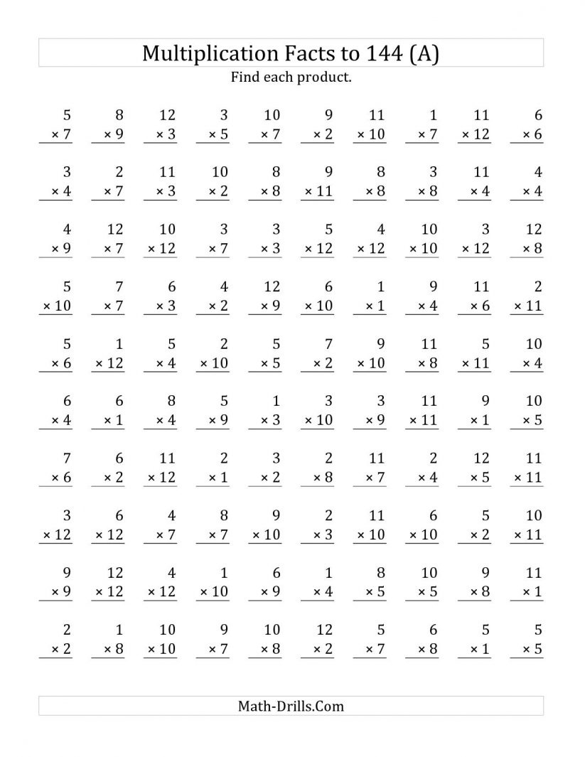 Math : Multiplication Facts To 144 No Zeros A Multiplication - Free Printable Math Worksheets Multiplication Facts