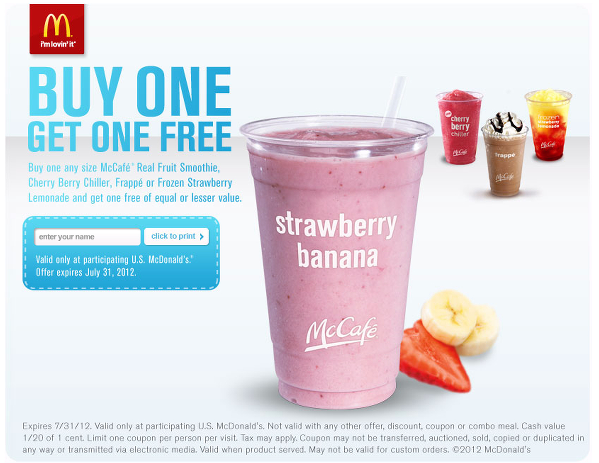 Mcdonald&amp;#039;s Bogo Free Mccafe Printable Coupon + Rewards Card - Al - Free Mcdonalds Smoothie Printable Coupon