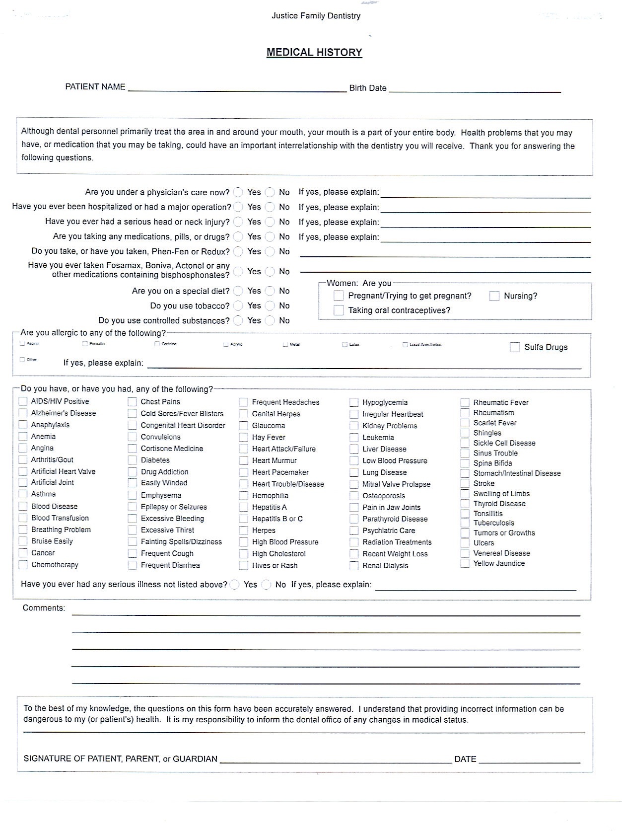 Printable Medical History Form