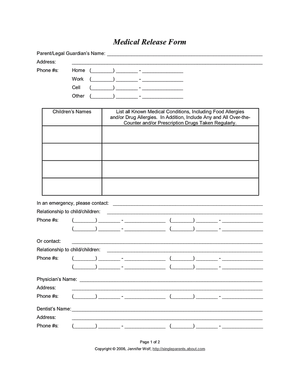 Medical Release Form For - Free Printable Medical Release Form