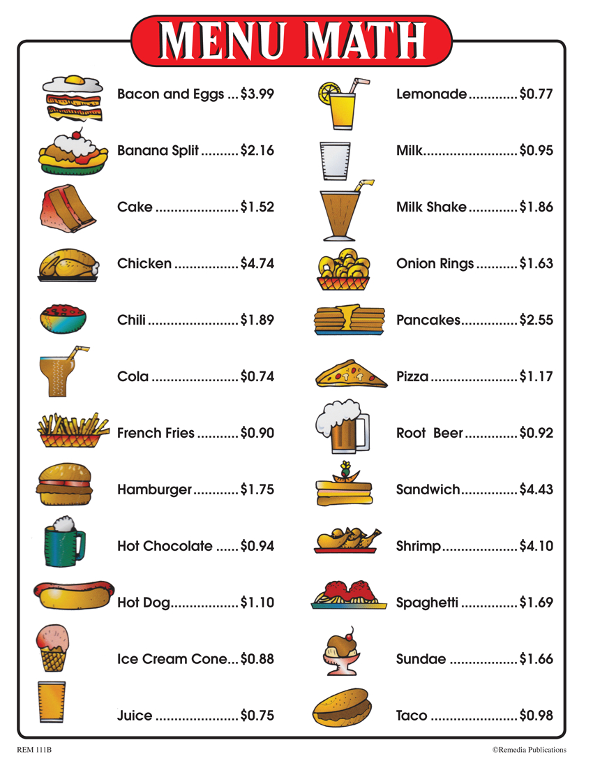 Menu Math - Free Printable Menu Math Worksheets